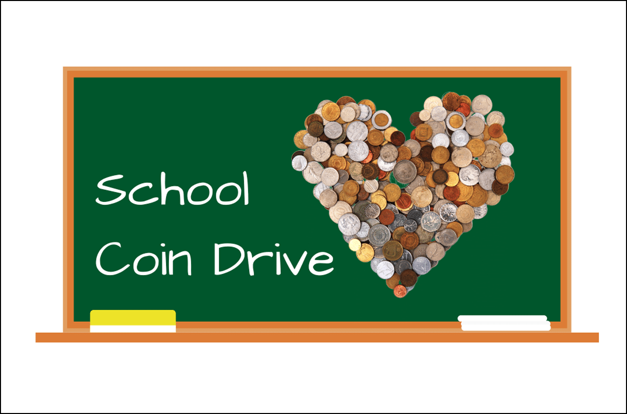 Coin drive logo with image of coins shaped into a heart on a cartoon chalkboard