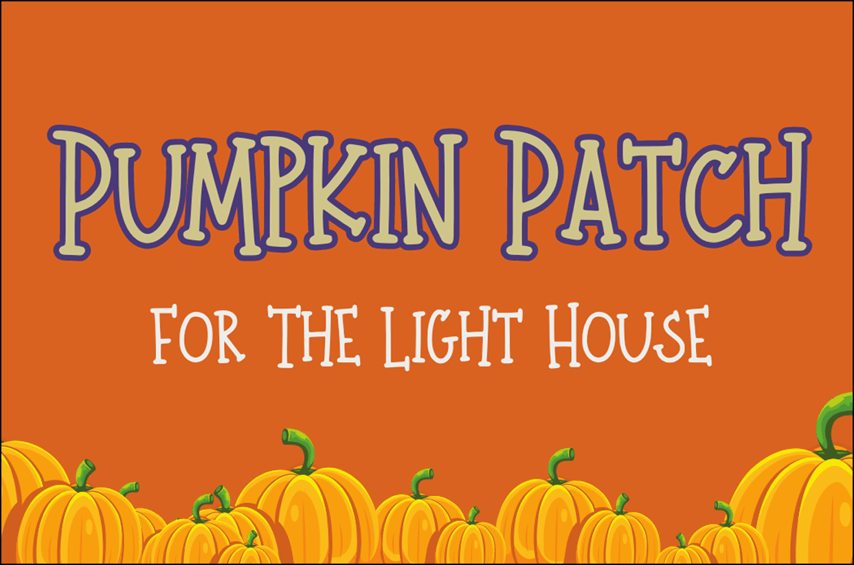 Pumpkin Patch logo with orange background and cartoon pumpkins